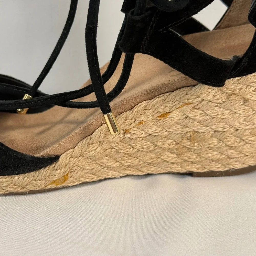 Vionic Calypso Black Suede Espadrille Wedge‎ Sandals Lace Up Cap Toe Women's 7.5